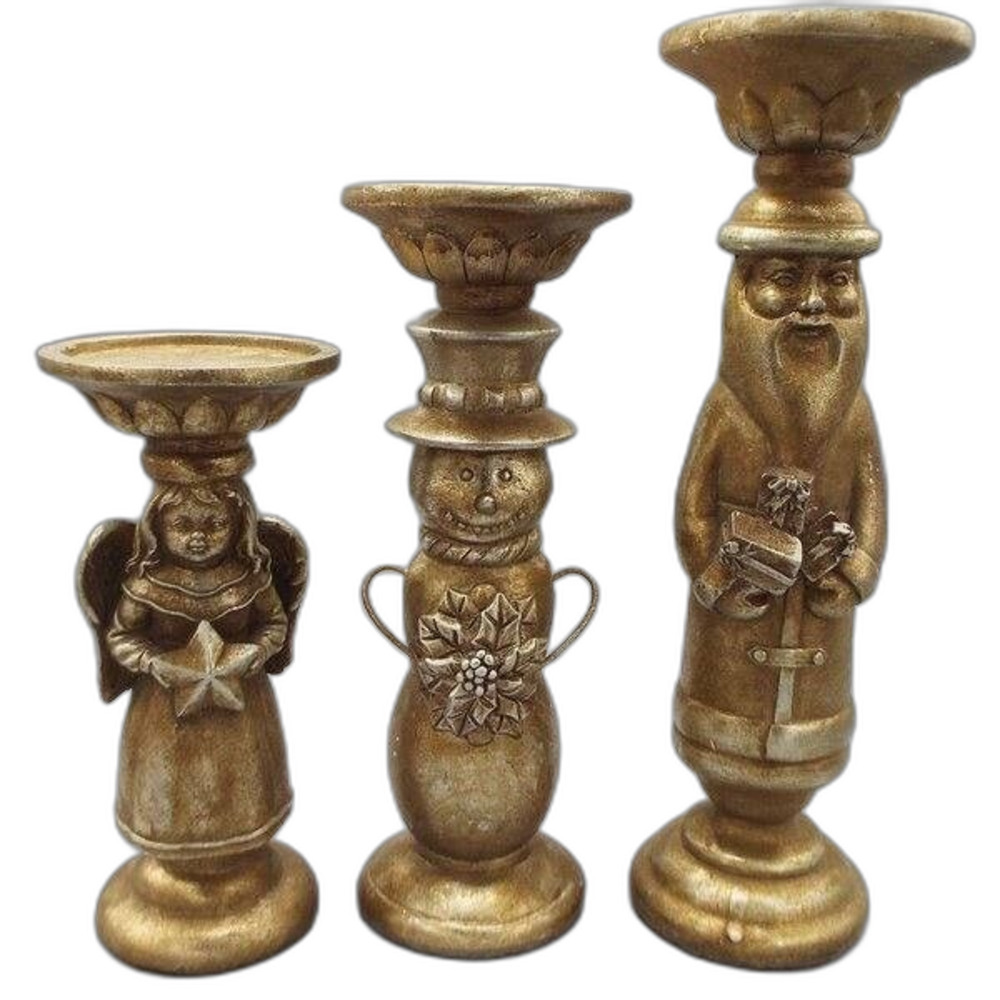 Victorian 3 Set Gold Antiqued Gilded Candleholders Christmas Angel Santa Snowman